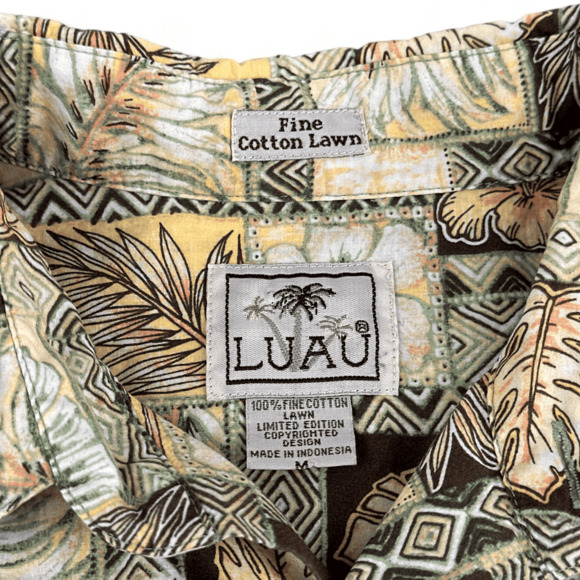 Luau Hawaiian Shirt Adult MEDIUM Brown Yellow Tribal Floral Botanical Cotton - Picture 2 of 4